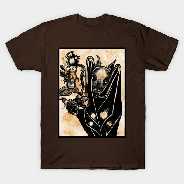 Bat with Tea - Black Outlined Version T-Shirt by Nat Ewert Art